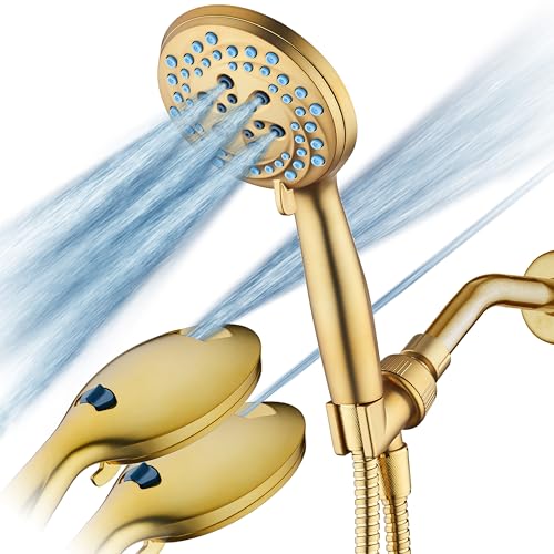 AquaCare New 8-mode High Pressure Handheld Shower Head w/ 2-way Power Wash | Stay Clean Nozzles, Dual Power Wash for Tub, Tile & Pets, Long 6 ft. Stainless Steel Hose, Wall & Overhead Brackets / Gold - color: Gold