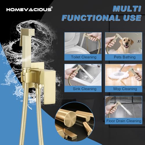 Homevacious Bidet Sprayer for Toilet Adjustable Water Pressure Square Brass | Bidet Attachment Set for Feminine Pets and Baby Diaper Washing Brushed Gold - color: Brushed Gold