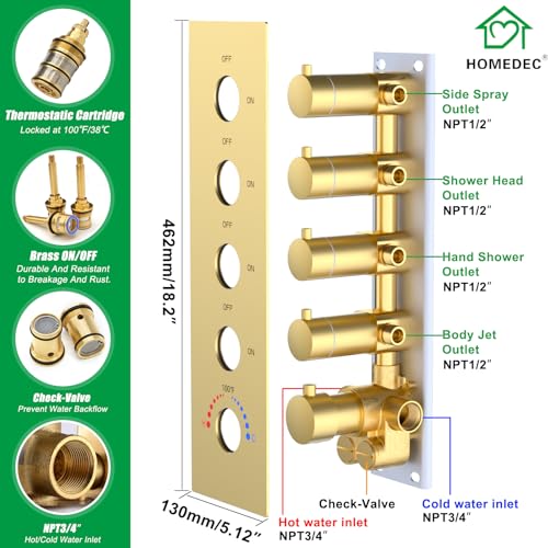 HOMEDEC 14x20inch Ceiling and 6inch Wall Mounted Shower Heads System, 4 Way Thermostatic Diverter Valve Shower Faucets Sets Complete, Brushed Gold - color: Brushed Gold, style: 4-Way + 1x 6" Top