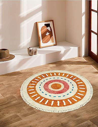 Lukinbox Boho Bathroom Rugs -2Ft Washable Round Area Rug, Soft Circle Bedroom Rug with Fringes, Small Colorful Non-Slip Sun Circular Rainbow Throw Rugs for Kids Room Chair Sofa Entryway - size: 2' (Round)