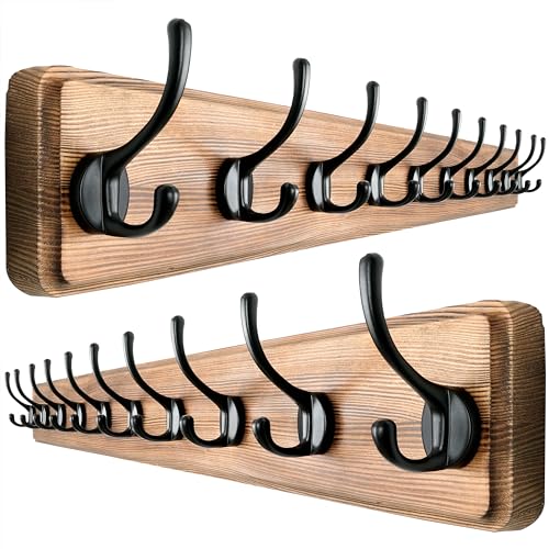 Wall Mounted Coat Rack: 38-1/4" Long, Patented, Heavy-Duty, 10-Double-Hooks Wooden Hanger Rail for Winter Coats, Hats, Jackets, Clothing - Natural & Black, Pack of 2 - color: Natural & Black, size: L=38.3"(2pcs)