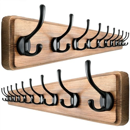 Wall Mounted Coat Rack: 38-1/4" Long, Patented, Heavy-Duty, 10-Double-Hooks Wooden Hanger Rail for Winter Coats, Hats, Jackets, Clothing - Natural & Black, Pack of 2 - color: Natural & Black, size: L=38.3"(2pcs)
