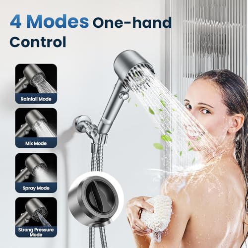 JOMST Filtered Shower Head with Handheld High Pressure Shower Head | 4 Spray Modes ShowerHead with ON/OFF Switch for Pets,Built-in Power Wash to Clean Tub,Shower Heads with Stainless Steel Hose