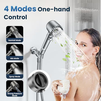 JOMST Filtered Shower Head with Handheld High Pressure Shower Head | 4 Spray Modes ShowerHead with ON/OFF Switch for Pets,Built-in Power Wash to Clean Tub,Shower Heads with Stainless Steel Hose