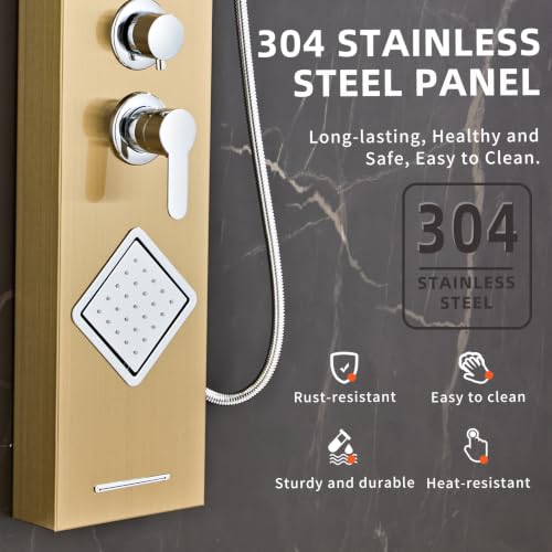 Shower Panel Tower System with Storage- Brushed Gold | 304 Stainless Steel 5-Function Shower Panel Faucet Set with Powerful Body Jets, Rainfall, Waterfall,Handheld and Tub Spout - color: Brushed Gold