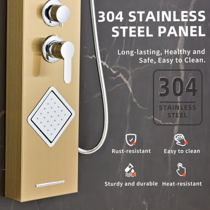 Shower Panel Tower System with Storage- Brushed Gold | 304 Stainless Steel 5-Function Shower Panel Faucet Set with Powerful Body Jets, Rainfall, Waterfall,Handheld and Tub Spout - color: Brushed Gold