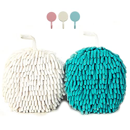 2 Pack Soft Hand Drying Hanging Ball Towels for Bathroom Microfiber Decorative Kitchen Fuzzy Ball Plush Sponge Cute Chenille Hand Towels with Hanging Loops (White and Sky Blue) - color: White and Sky Blue