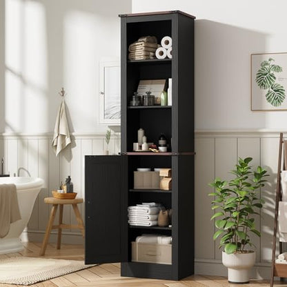 MHOM 71" Tall Bathroom Storage Cabinet. Farmhouse Storage Cabinet with Adjustable Shelves, Narrow Linen Tower Cabinet for Bathroom, Laundry, and, Living Room, Black - color: Black