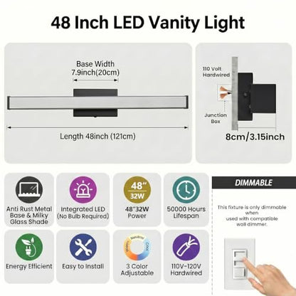 URSOLA 48" Modern LED Bathroom Light Fixtures, Matte Black 3CCT Dimmable Bathroom Vanity Light Over Mirror, Bathroom Vanity Bath Bar Lights with Double Layer Acrylic Shade - color: Matte Black, size: 48inch