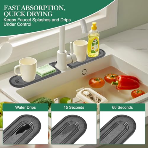 Faucet Mat for Kitchen Sink with Airflow Silicone Sleeve, Instant-Dry Diatomaceous Stone Sink Protector Tray Around Faucet for Kitchen, Bathroom, RV (Black Circle, 23.2" x 3.9" x 0.47") - color: Grey Circle - Dark Grey Silicone Edge