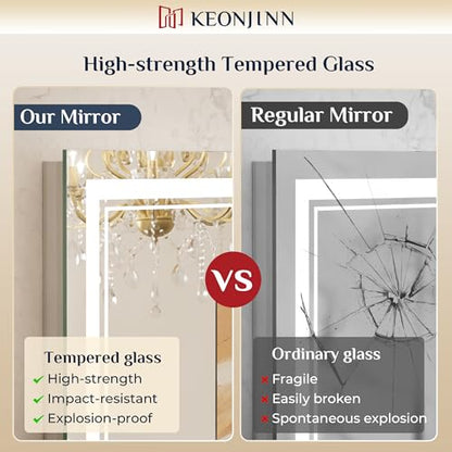 Keonjinn 36" x 36" LED Bathroom Mirror with Lights, HD Tempered Glass | Frontlit and Backlit, Separately Frontlit/Backlit, Double Light Strips, Stepless 3 Colors Light & Dimmable, Fast Defogging - size: 36"L x 36"W
