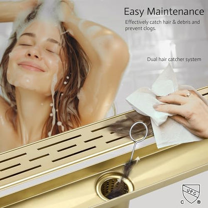 Linear Shower Drain, 28" Brushed Gold, Easy to Install & Clean | Including Hair Catcher & Removable Grate, Fits No-hub System, 304 Stainless Steel(Drain Base Not Included) - color: Brushed Gold, size: 28 inch