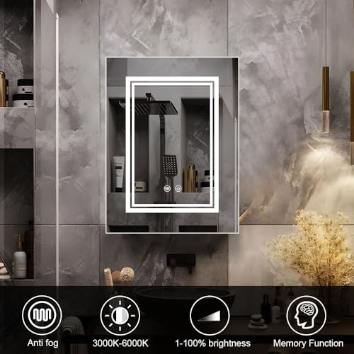 High-End Led Medicine Cabinet,Lighted Medicine Cabinet,3 Colors&Dimmable,Demister,Lighted Glass Shelf,USB Shaver Socket.Surface Mount or Recess Mount,16×24inch - size: 16×24inch