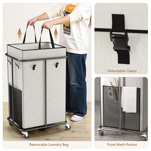 40 Gal Large Laundry Hamper with Lid, Rolling Laundry Basket with Wheels | Oxford Fabric Dirty Clothes Hampers with Removable Laundry Bag & Metal Frame for Bedroom, Laundry Room, Bathroom, Dorm(White) - color: White-2