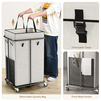 40 Gal Large Laundry Hamper with Lid, Rolling Laundry Basket with Wheels | Oxford Fabric Dirty Clothes Hampers with Removable Laundry Bag & Metal Frame for Bedroom, Laundry Room, Bathroom, Dorm(White) - color: White-2
