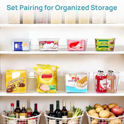 Vtopmart 8 Pack Clear Storage Bins Set for Pantry Organizer | 4 Large Pantry Bins with Handle and 4 Medium Snack Organizer Bins with 4-Compartment for Pantry, Kitchen, Fridge, Cabinet - size: Set D