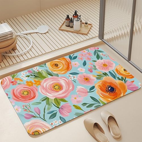 Bath Mats for Bathroom,Watercolor Flower Bathroom Rugs,Spring Floral Diatomaceous Bath Rug Quick Dry, Non Slip Super Absorbent Low Profile Doormat for Home Kitchen Patio 17 X 29.5 Inch - color: Watercolor Flower