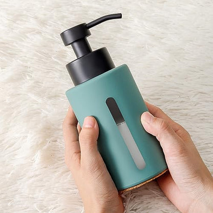 Enra Thick Glass Soap Dispenser with Clear Window,12oz Green Bathroom Soap Dispenser with Lotion Pump Hand Liquid Soap Dispenser Countertop Lotion Bottle for Bathroom - color: Green