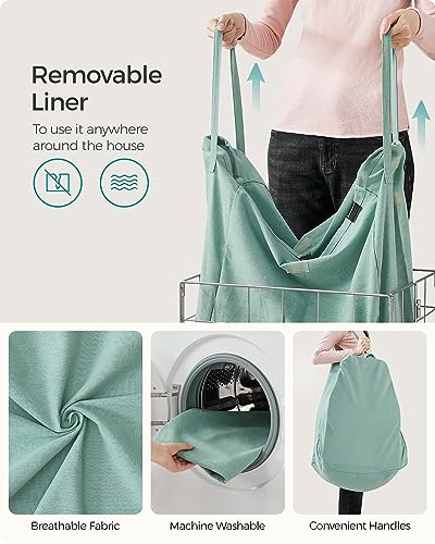 SONGMICS Laundry Hamper, 23.8 Gal. (90L) Laundry Basket, Collapsible Clothes Hamper, Removable and Washable Liner, Metal Wire Frame, for Bedroom Bathroom, Silver and Mint Green ULCB190C01 - color: Silver + Mint Green, size: 90 L