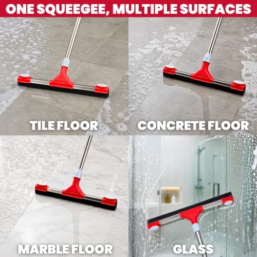Floor Squeegee Scrubber with Extendable 62" Long Handle | 17.3" EVA Foam Blade, Reinforced Steel Frame for Garage, Concrete, Tile, Patio, Pool, Shower & Uneven Surface Cleaning