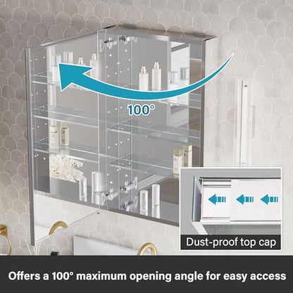 WELLFOR 20" x 32" Bathroom Medicine Cabinet, Anodized Chrome Aluminum Frame, Medicine Cabinet with Adjustable Glass Shelves, Bathroom Cabinet with Reverse Door Installation, Surface or Recessed Mount