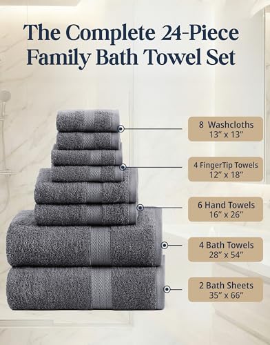 LANE LINEN 100% Cotton Bath Towels Set - 24 PCs - Durable, Quick Dry, Super Soft & Highly Absorbent - 4 Bath, 4 Fingertip, 6 Hand Towels, 8 Washcloths, 2 Bath Sheets - Perfect Family Set - Cool Grey | Towels And Washcloths Sets - Oversized & Roomy, Lightw