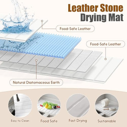 Dish Drying Mat，Stone Drying Mat for Kitchen Counter，Heat Resistant and Super Absorbent Foldable Bath mats,Made of Diatomaceous Earth and Leather.24.8"×15.7" White