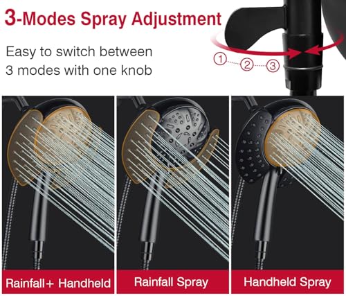 GRICH 2.5GPM Shower Head with Hand: 2 in 1 High Pressure Shower Heads With Handheld Spray Combo & Rain Shower Head, 9 Spray Modes Anti-Leak Waterfall Showerhead, Angle Adjustable, Matte Black