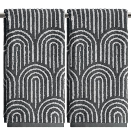 Artoid Mode 2 Pcs Beige Grey Arched Stripes Jacquard Hand Towels for Bathroom, 100% Cotton Soft Absorbent Bathroom Decor Towels, 13.7 x 29.5 Inch - color: Beige/Grey, size: 13.7" x 29.5", 2PCS