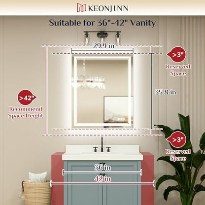 Keonjinn 30 x 36 Inch LED Bathroom Mirror with Lights, Frontlit and Backlit | HD Tempered Glass, Separately Frontlit/Backlit, Double Light Strips, Stepless 3 Colors Temperature & Dimmable, Fast Anti fog - size: 36"L x 30"W