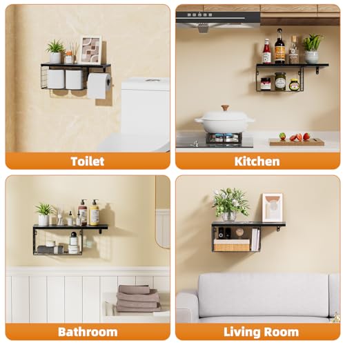 VITVITI Toilet Paper Holder with Shelf, Wall Mounted Storage Basket, Black | Farmhouse Wall Mount Toilet Paper Holder Shelves, Wood Metal Toilet Roll Wipes Holder for Bathroom - color: Black