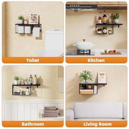 VITVITI Toilet Paper Holder with Shelf, Wall Mounted Storage Basket, Black | Farmhouse Wall Mount Toilet Paper Holder Shelves, Wood Metal Toilet Roll Wipes Holder for Bathroom - color: Black