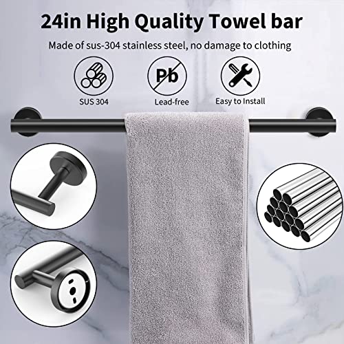 Newfun 10 Pieces Matte Black Bathroom Hardware Set 24 Inch | Include 24 inch Towel Bar, Robe Hook, Toilet Paper Holder, Stainless Steel Bathroom Accessories Set for Bathroom Wall Mounted - color: Matte Black