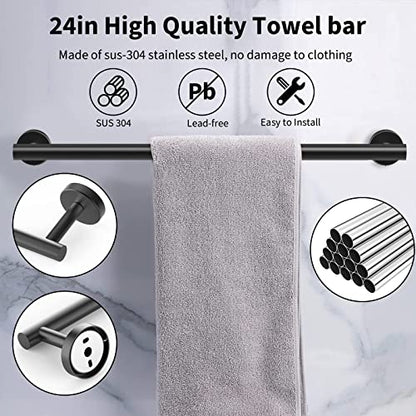 Newfun 10 Pieces Matte Black Bathroom Hardware Set 24 Inch | Include 24 inch Towel Bar, Robe Hook, Toilet Paper Holder, Stainless Steel Bathroom Accessories Set for Bathroom Wall Mounted - color: Matte Black