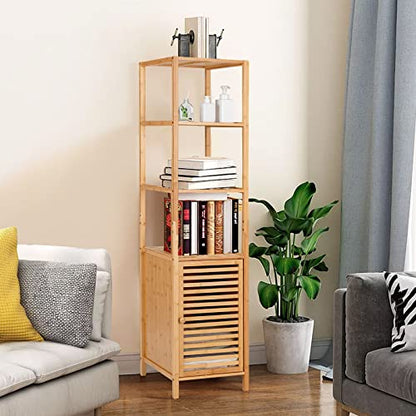 Tangkula Bathroom Cabinet, 65 Inch Tall Slim Bathroom Storage Cabinet with Shutter Door and 3 Open Shelves, Narrow Multifunctional Tower Cabinet, Natural Bamboo, 15.5 x 14.5 x 65 Inch - style: Tall Cabinet