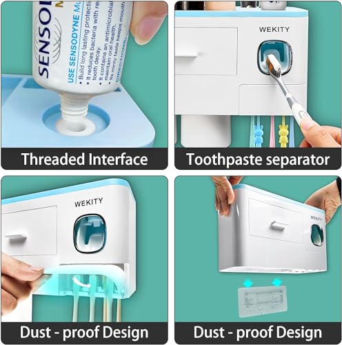 Multifunctional Wall-Mounted Toothbrush Holder, Automatic Toothpaste Dispenser Space Saving Toothbrush and Toothpaste Holder, with 2 Cup and Drawers Cosmetic Organizer (Blue) - color: Blue