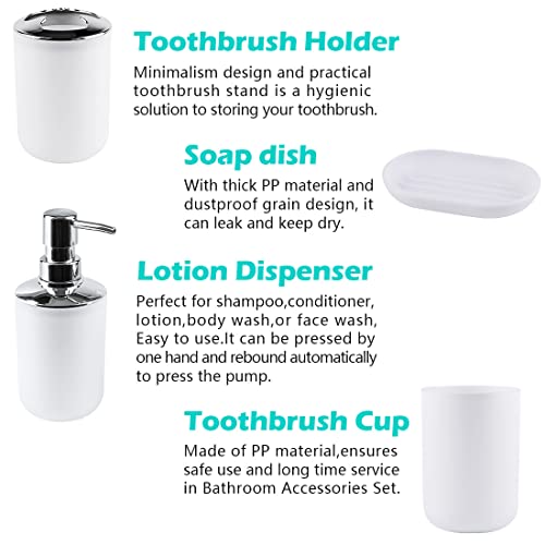 Compact 6-Piece White Plastic Bathroom Accessories Set with Small Trash Can, Soap Dispenser, Toothbrush Holder, Cup, Soap Dish, Toilet Brush for Guest Bathroom Dorm Apartment - color: White
