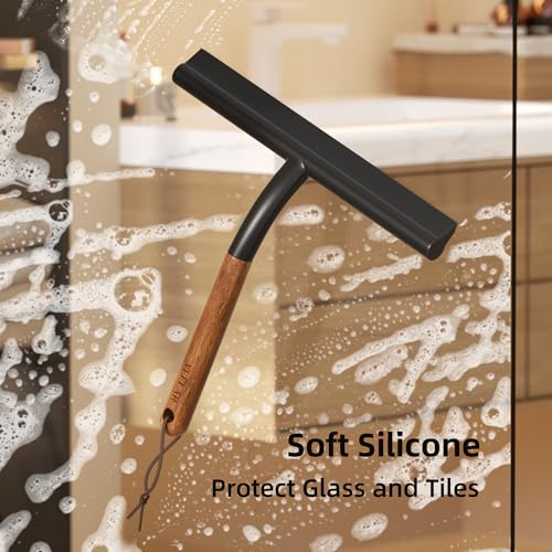 Shower Squeegee for Shower Glass, Bathroom Glass Cleaning Tool with Hook Mount, Squeegee for Glass Doors, Window Cleaning, Tile Shower Walls (Black+Wood) - color: Black+wood