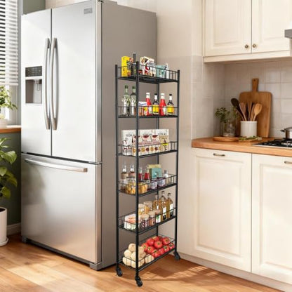 Utility Slim Storage Cart 6 Tier Narrow Metal Frame Carts | 6 Tier Narrow Kitchen Storage Cart,Laundry Room Carts, for Kitchen,DiningRoom,Living Room,Home Office,Classic Black - color: Black