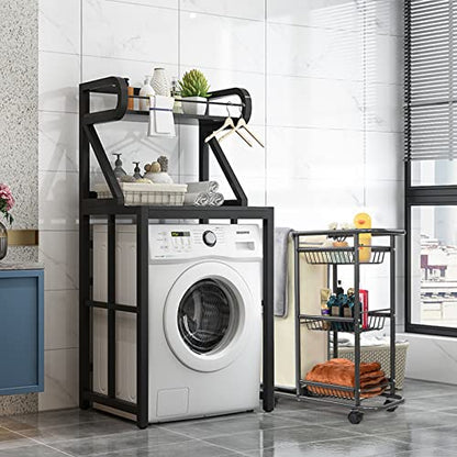 Narrow Laundry Cart with Wheels, 3 Baskets and 45L Laundry Bag | Metal Rolling Cart for Small Space, Laundry Room Organization and Storage, for Bathroom Living Room Apartment Dorm