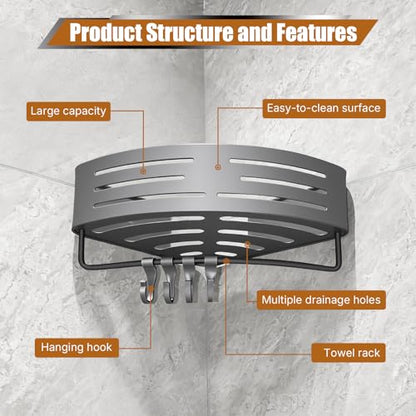 Matte Gray Corner Shower Shelf, 1-Pack Aluminum Bathroom Caddy Item Highlights No Drill Adhesive & Screw Mount, Rustproof Storage Rack with Towel Hooks for Shower, Toilet & Laundry Room