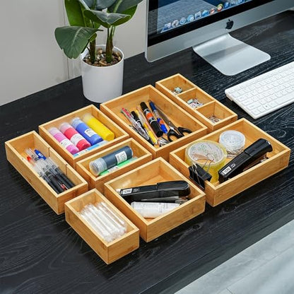 Fabsome Drawer Organizer, Set of 9 Bamboo Wood Kitchen Makeup Desk Junk Tea Drawer Storage Boxes Bins for Cutlery Silverware Utensils Flatware, Small Wooden Container Tray for Bathroom, Office - size: 2''H 9 Boxes