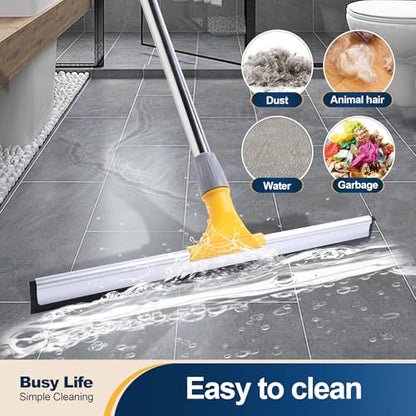 Yocada Rubber Floor Squeegee 17.7" TPR Blade Scrubber Broom 61.8inch Pole | Household Broom for Garage Courtyard Shower Bathroom Floor Marble Glass Tile Water Foam Pet Hair Removal Cleaning
