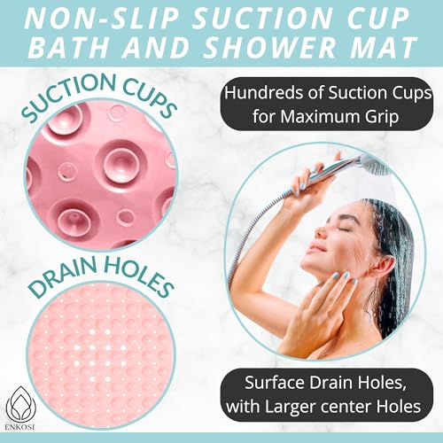 ENKOSI Non-Slip Bath & Shower Mat 40x16 Extra Long, Suction & Drain Holes | Baby Pink color; Durable PVC; 40x16 in, Baby Pink - color: Baby Pink