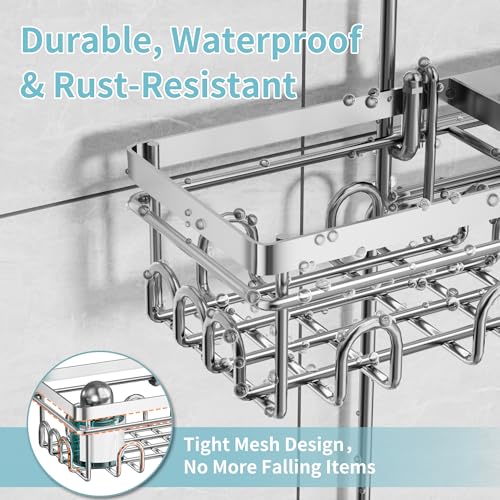 KEGII Hanging Shower Caddy for Handheld Showerheads, Silver | Rustproof Over Showerhead Organizer with Soap Dish, Toothbrush Holder and Hooks for Bathroom Shower Storage - style: Silver – 2-Tier Hanging Shower Caddy