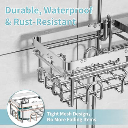 KEGII Hanging Shower Caddy for Handheld Showerheads, Silver | Rustproof Over Showerhead Organizer with Soap Dish, Toothbrush Holder and Hooks for Bathroom Shower Storage - style: Silver – 2-Tier Hanging Shower Caddy