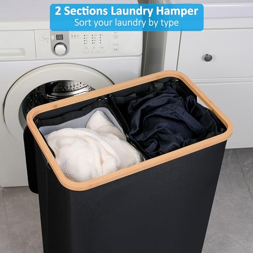 efluky Double Laundry Hamper with Lid, Divided Laundry Hamper with Removable Bags, 2 Section Dirty Clothes Basket with Handles for Bathroom, Bedroom & Laundry Room, 160L Black - color: Black, size: 160L