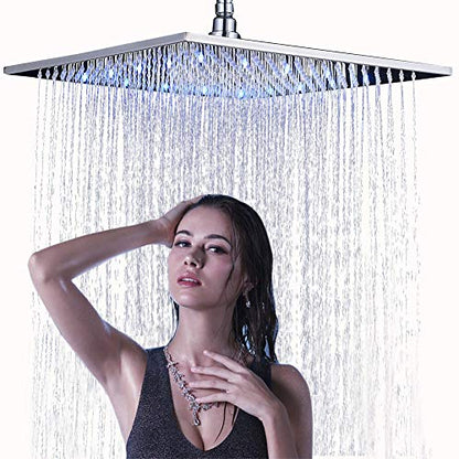 NeierThodore Polished Chrome Large 16 Inch LED Shower Head Solid Square Rainfall with Rubber Nozzles, 3 Settings - color: Chrome, size: 16 Inch