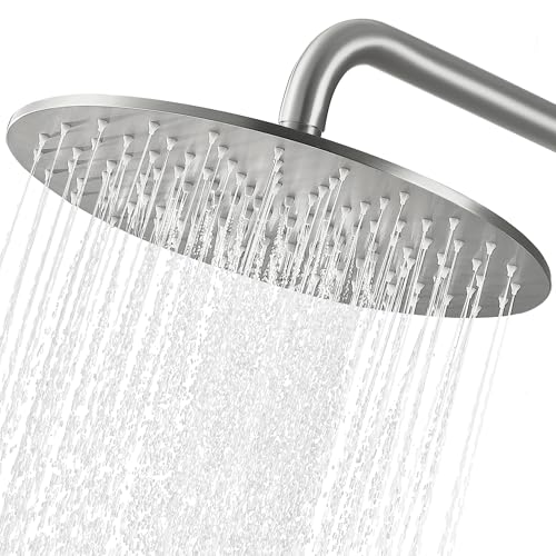 Solid Metal Large Rain Shower Head, Round High Flow Ceiling Rainfall Shower Head with Shower Arm and Flange, Reinforced Explosion-Proof Stainless Steel Construction (12-Inch, Brushed Nickel) - color: Brushed Nickel, size: 12 Inch