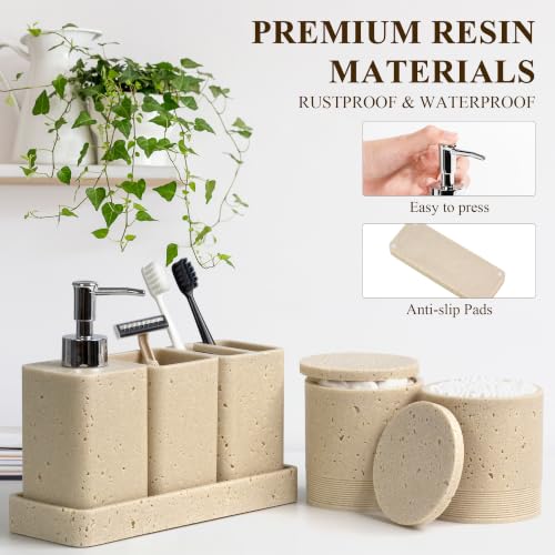 Bathroom Accessories Set 6 Piece Soap Dispenser Set Travertine Beige | Bathroom Set with Toothbrush Holders, Soap Dispenser, Vanity Tray, Tumbler, Cotton Swab Jars, Bathroom Organizer and Storage - color: Travertine Beige
